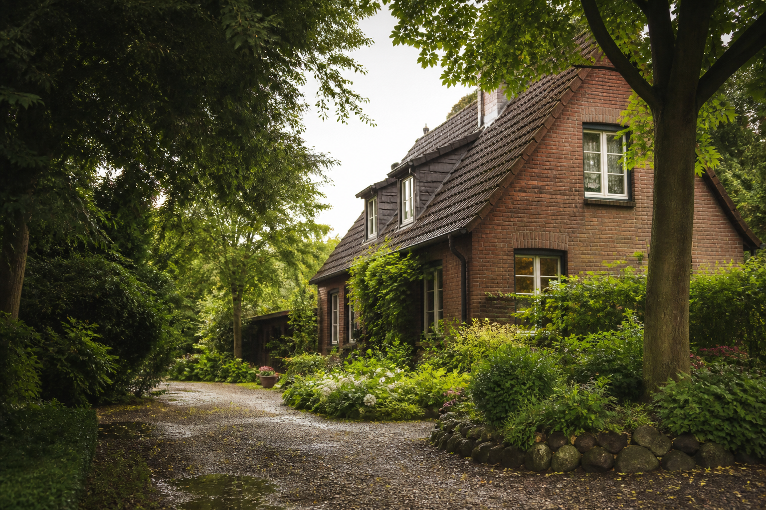 KI-Illustration eines Wohnhauses mit Garten, ohne Darstellung einer Euskirchener Adresse
